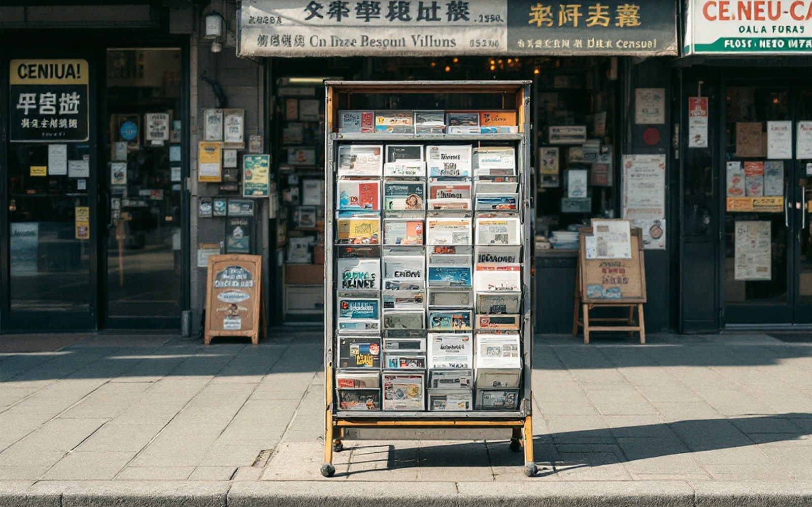 A community newspaper rack on a pavement