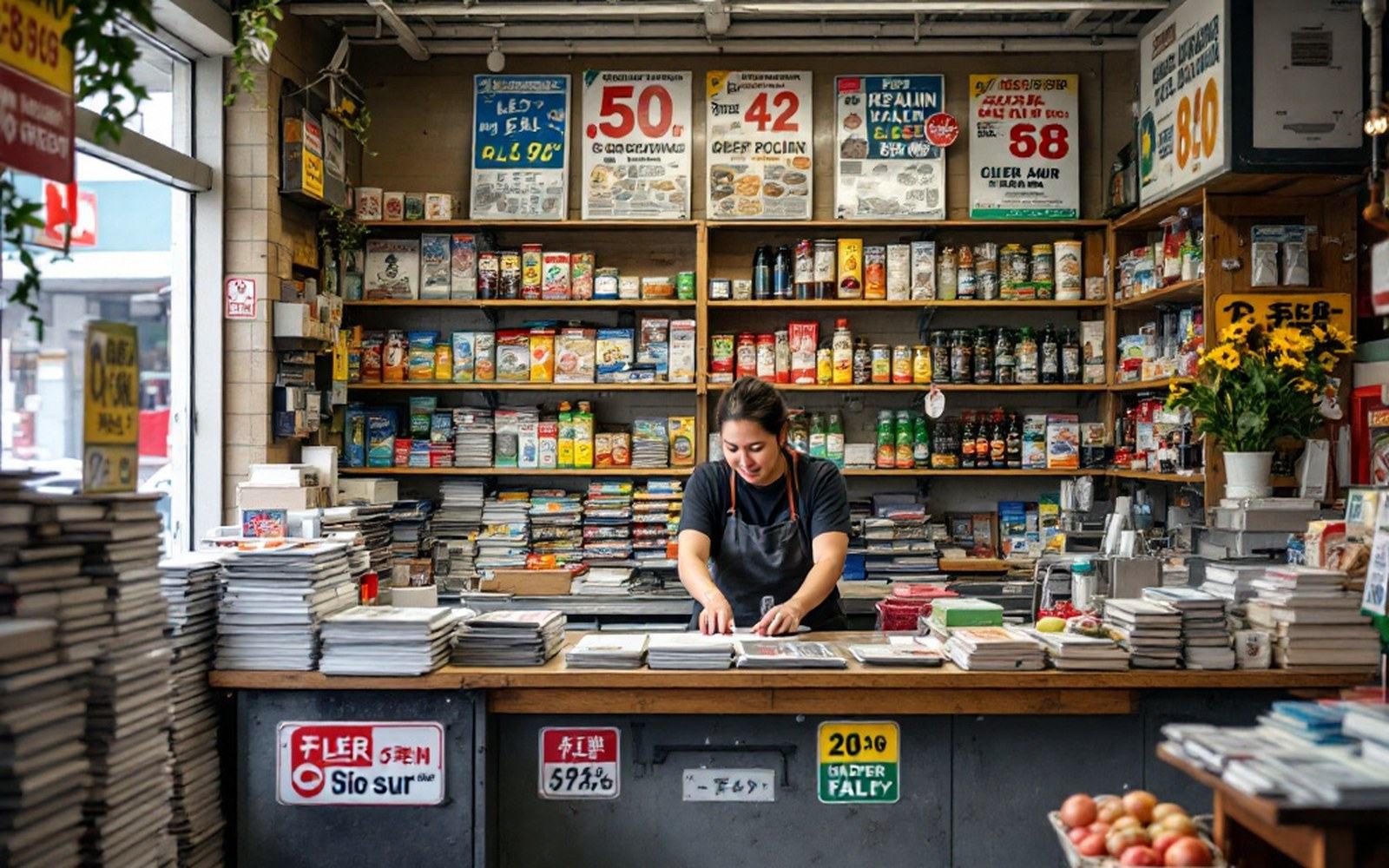 A small grocery interior with the owner behind the counter
