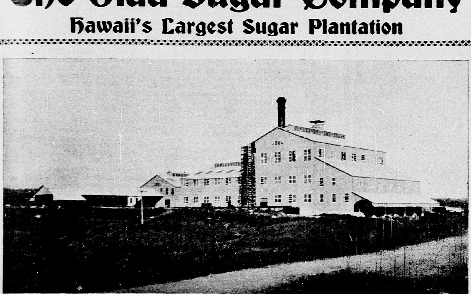 Vintage newspaper photo of a large multi-story sugar mill with a tall smokestack