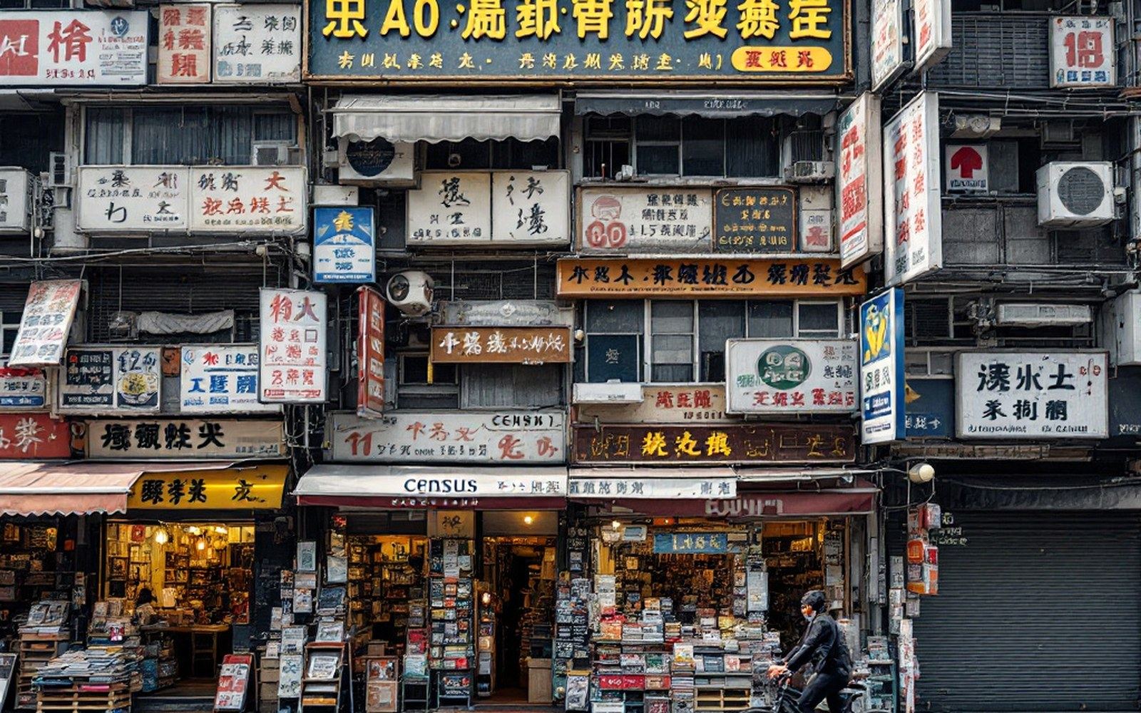 A dense commercial block with signage stacked three storeys high