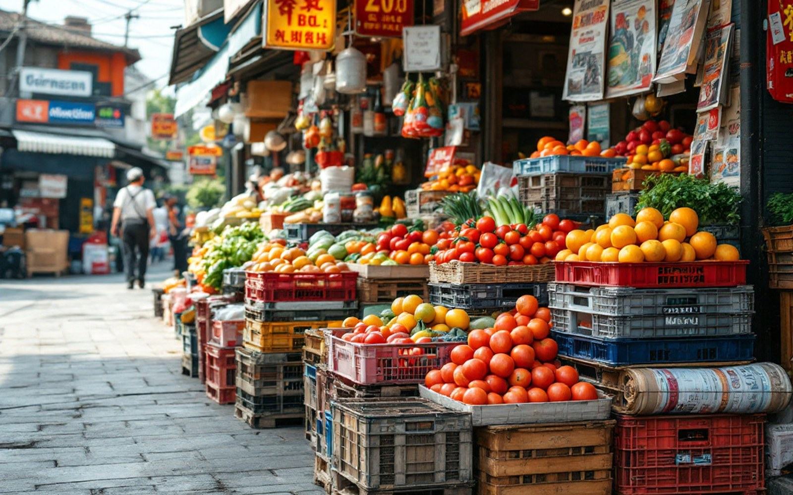Crates of produce stacked on a pavement outside a store