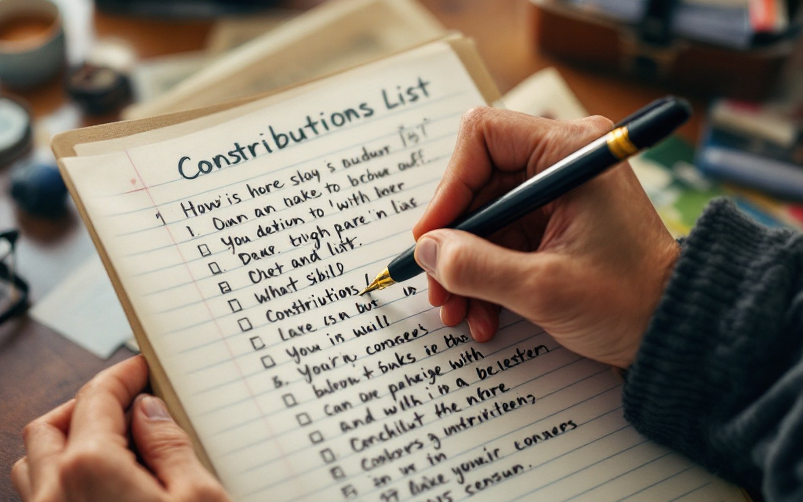 A handwritten contributions list on ruled paper