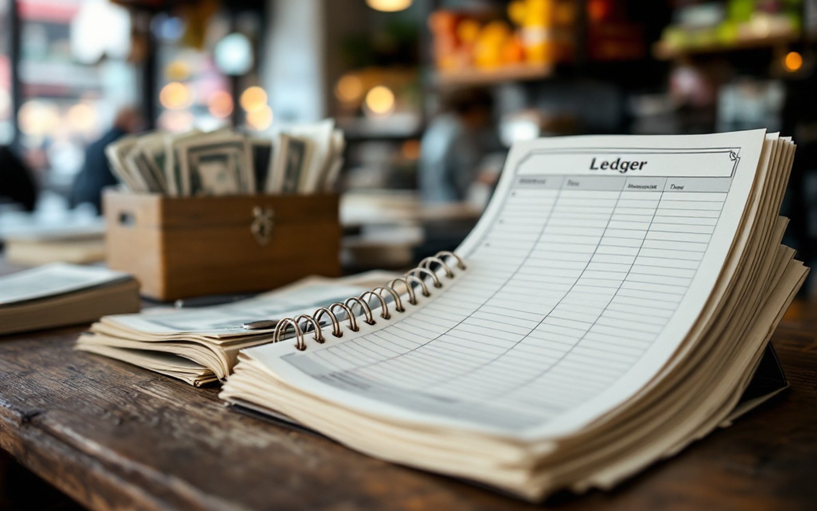 A ledger and a cash box on a table